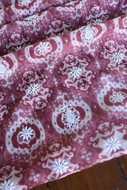 Copper Rose & White Soft Cotton Printed Unstitched Kurta Dupatta Set with Chikankari & Sequin Work
