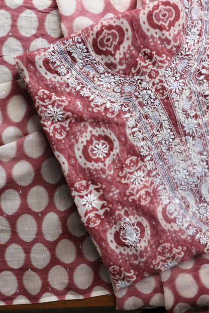 Copper Rose & White Soft Cotton Printed Unstitched Kurta Dupatta Set with Chikankari & Sequin Work