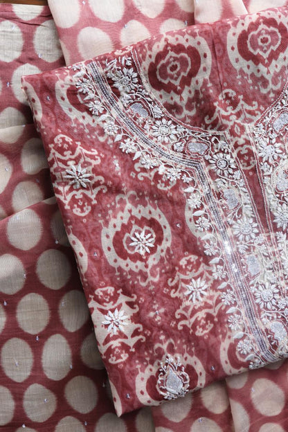 Copper Rose & White Soft Cotton Printed Unstitched Kurta Dupatta Set with Chikankari & Sequin Work