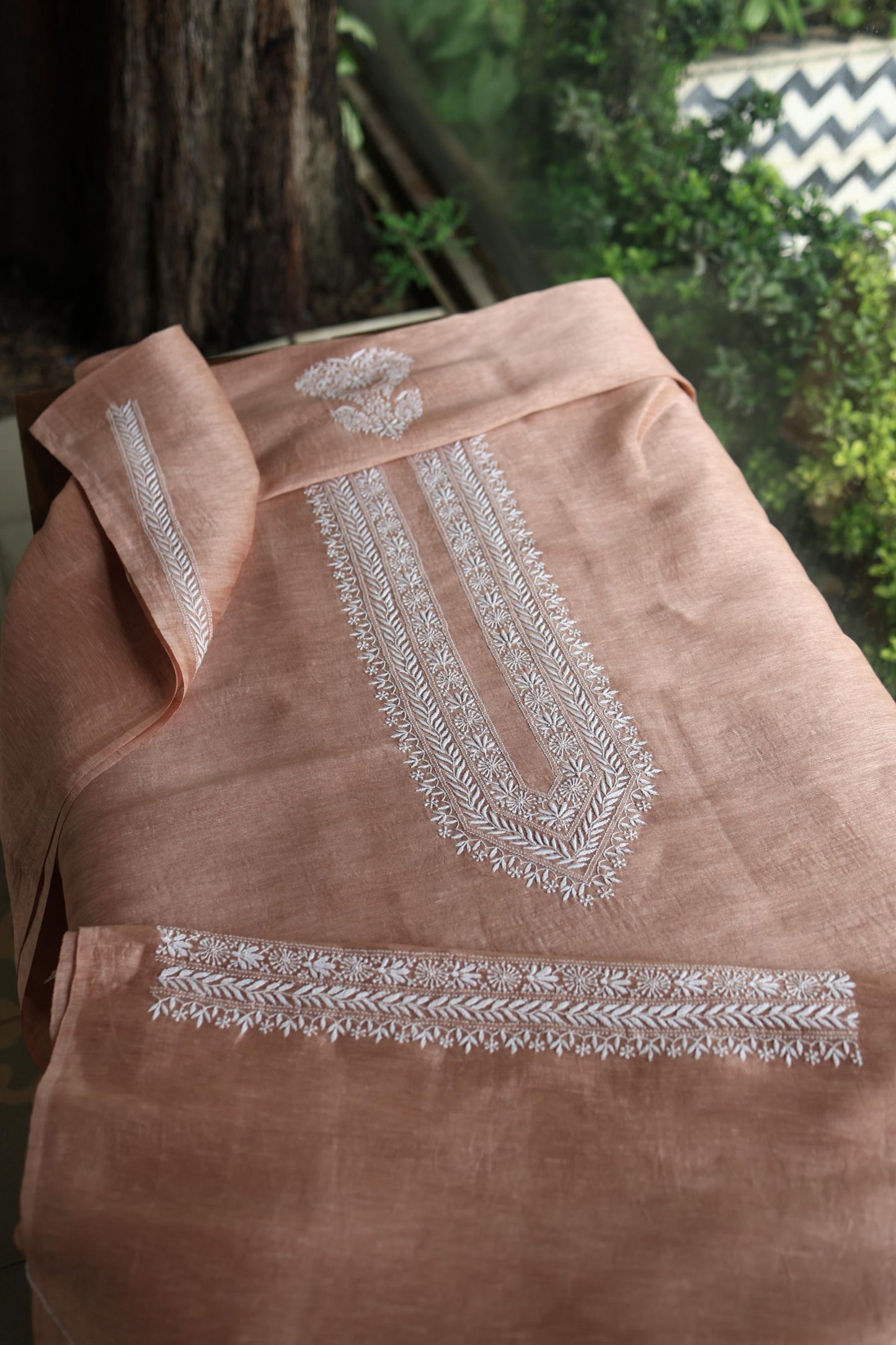Copper Rose Linen Chikankari Unstitched Men's Kurtas Fabric