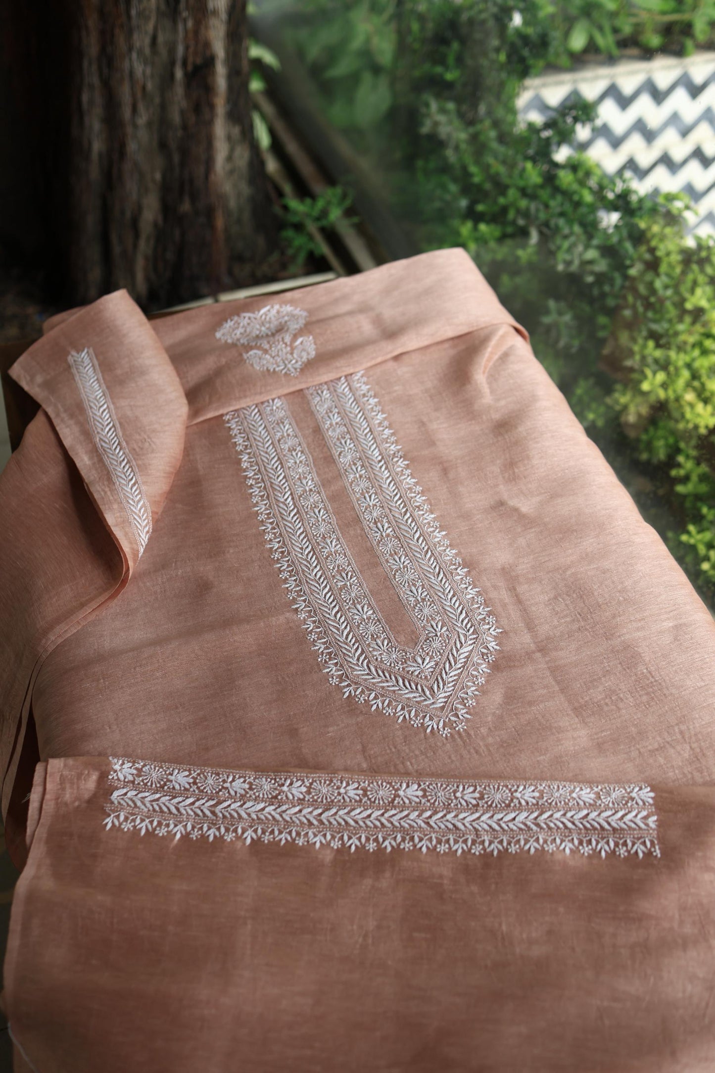 Copper Rose Linen Chikankari Unstitched Men's Kurtas Fabric