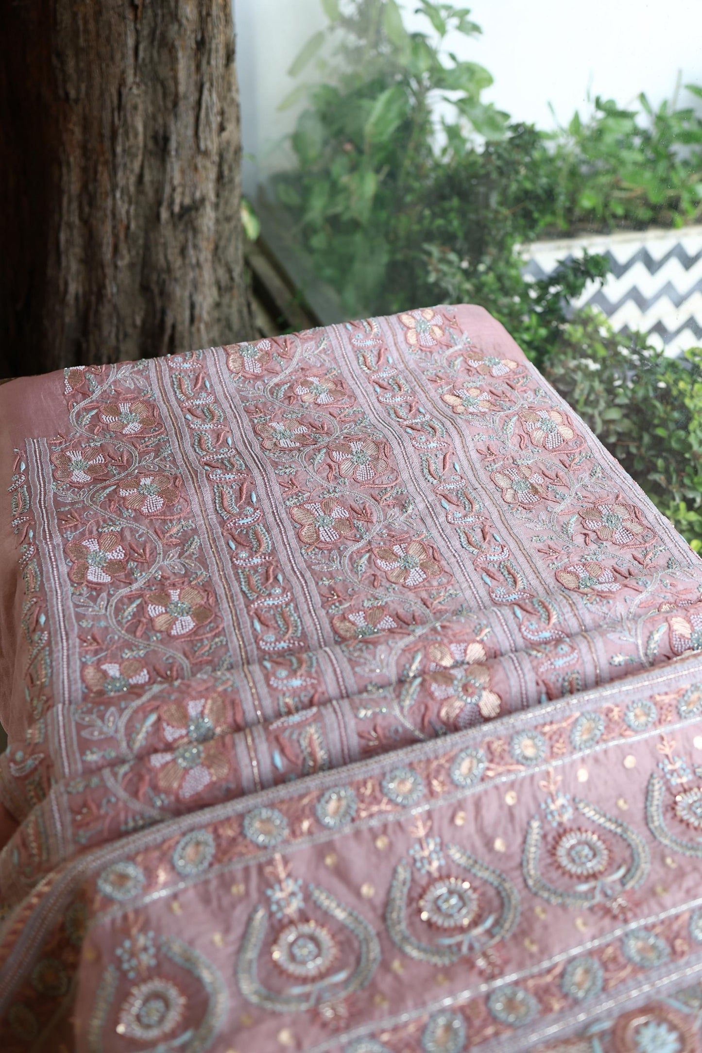 Copper Rose Shade Noor Banarasi Organza Chikankari Unstitched Fabric