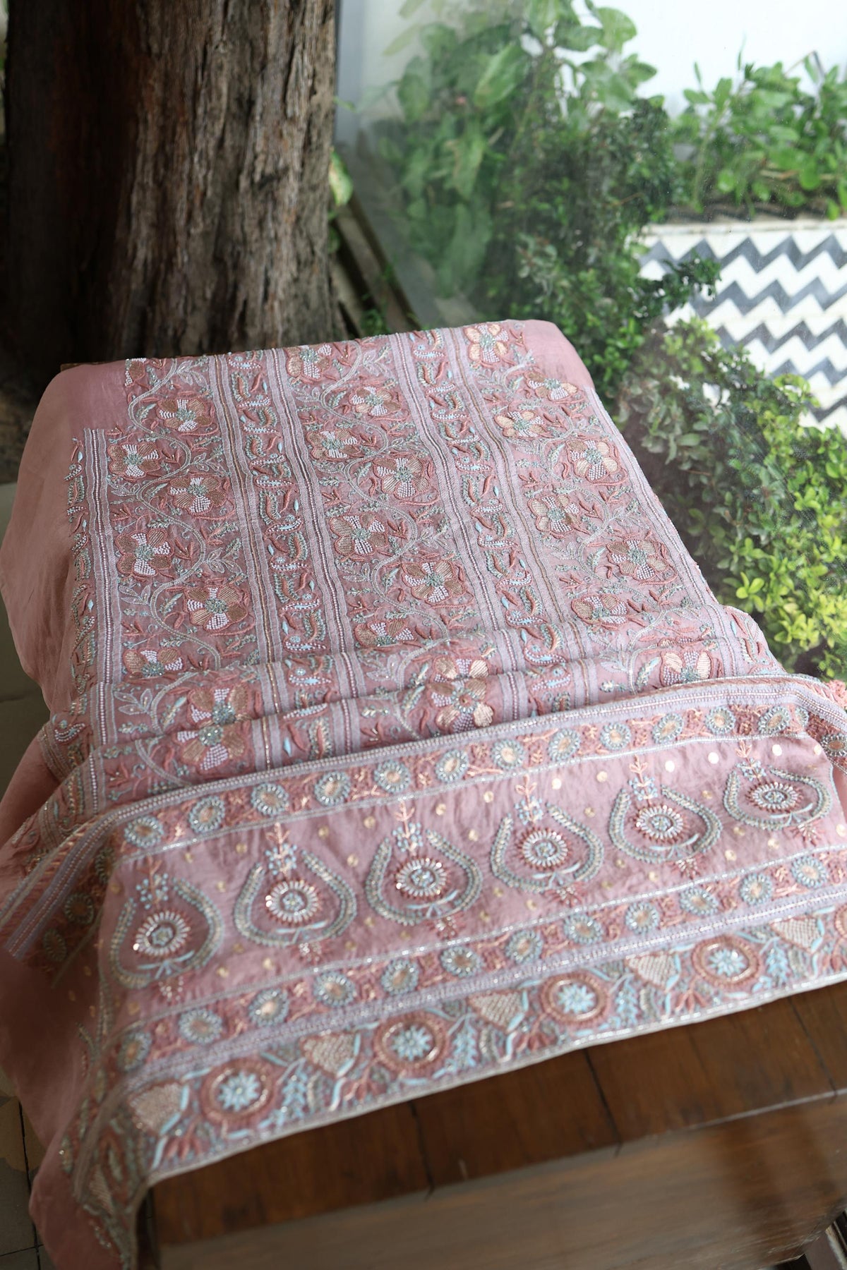 Copper Rose Shade Noor Banarasi Organza Chikankari Unstitched Fabric