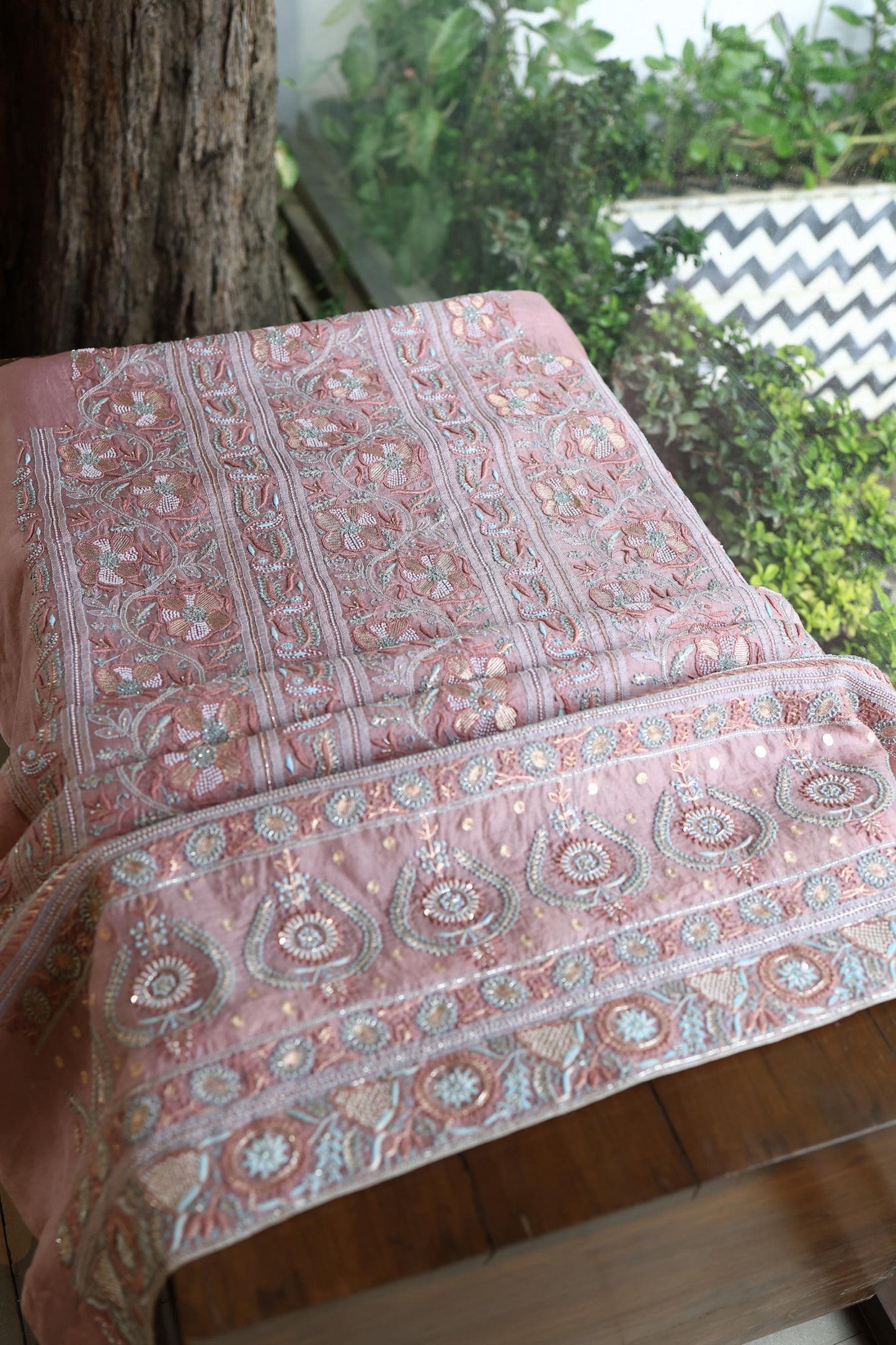 Copper Rose Shade Noor Banarasi Organza Chikankari Unstitched Fabric