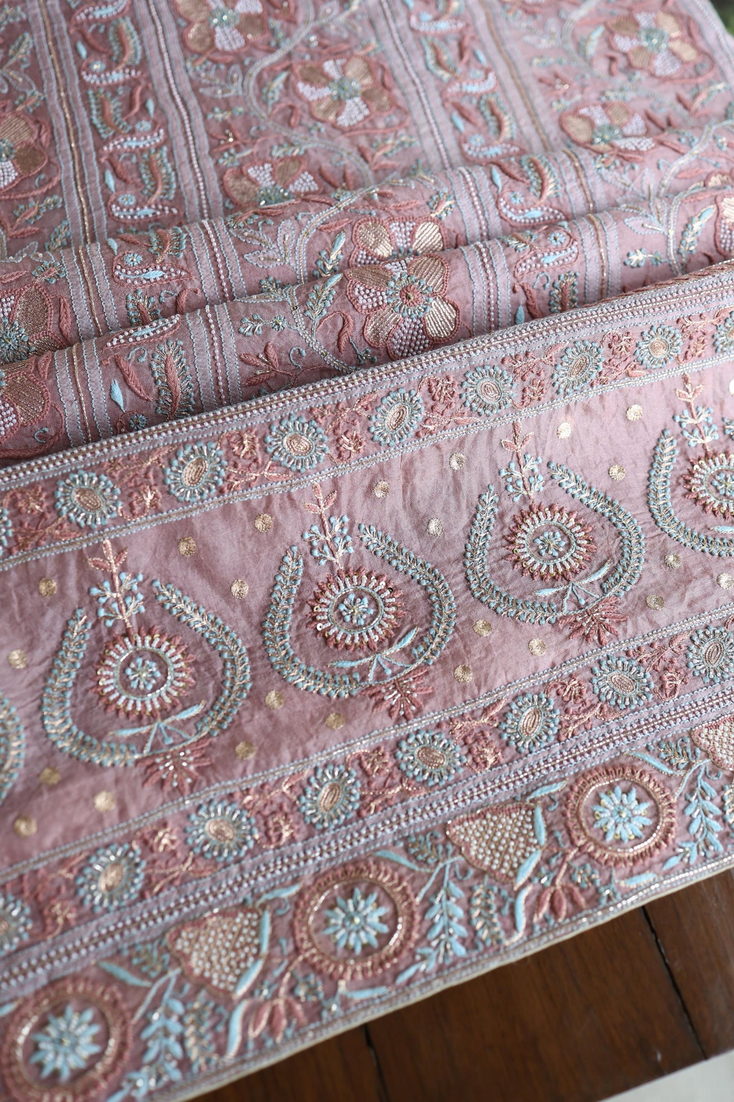 Copper Rose Shade Noor Banarasi Organza Chikankari Unstitched Fabric