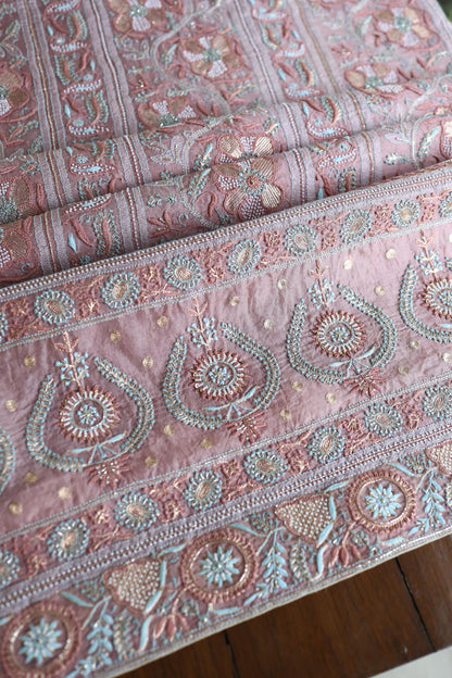 Copper Rose Shade Noor Banarasi Organza Chikankari Unstitched Fabric
