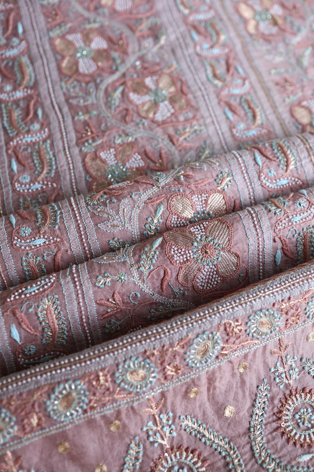 Copper Rose Shade Noor Banarasi Organza Chikankari Unstitched Fabric