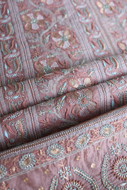 Copper Rose Shade Noor Banarasi Organza Chikankari Unstitched Fabric