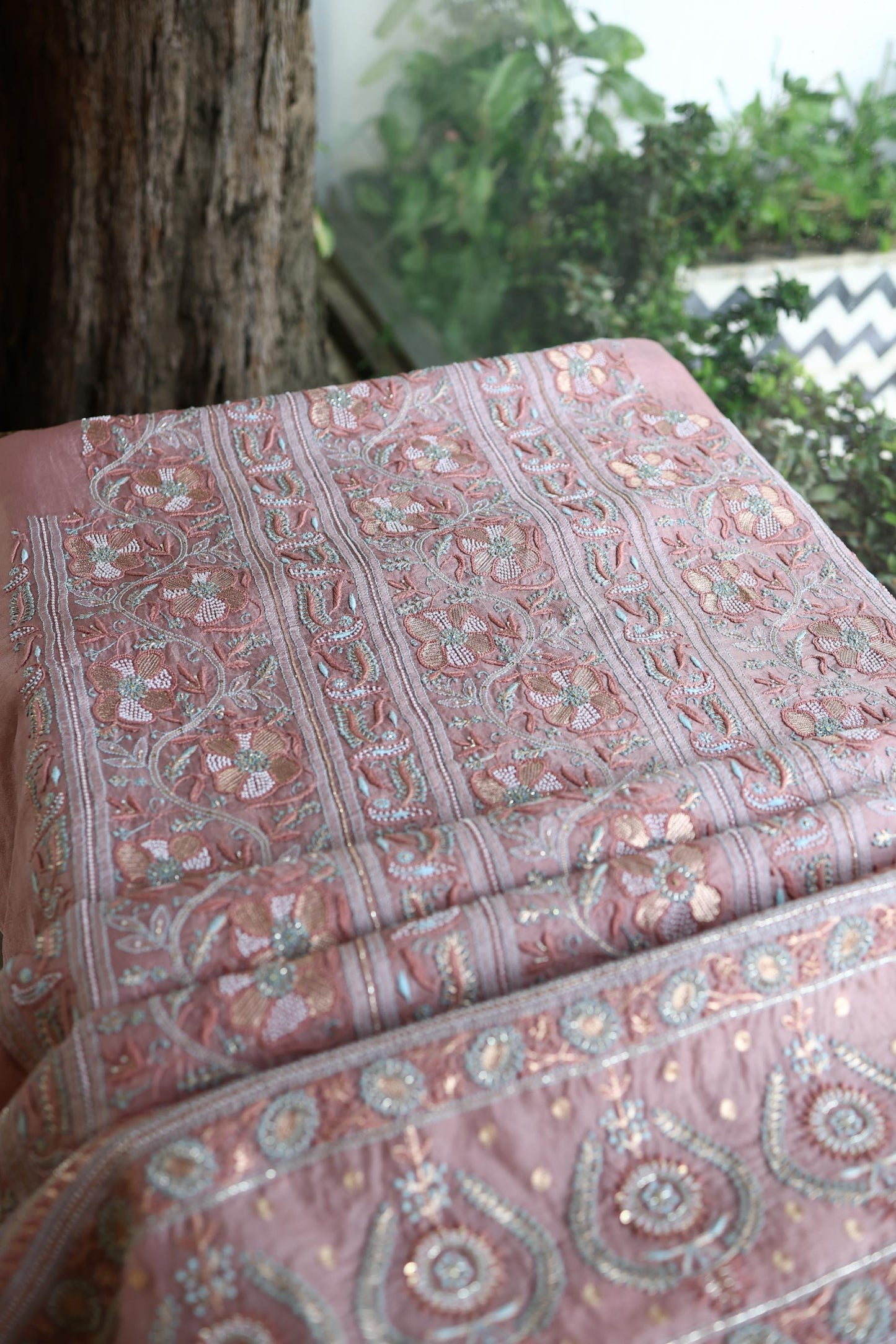 Copper Rose Shade Noor Banarasi Organza Chikankari Unstitched Fabric