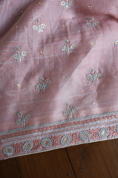 Copper Rose Shade Noor Banarasi Organza Chikankari Unstitched Fabric