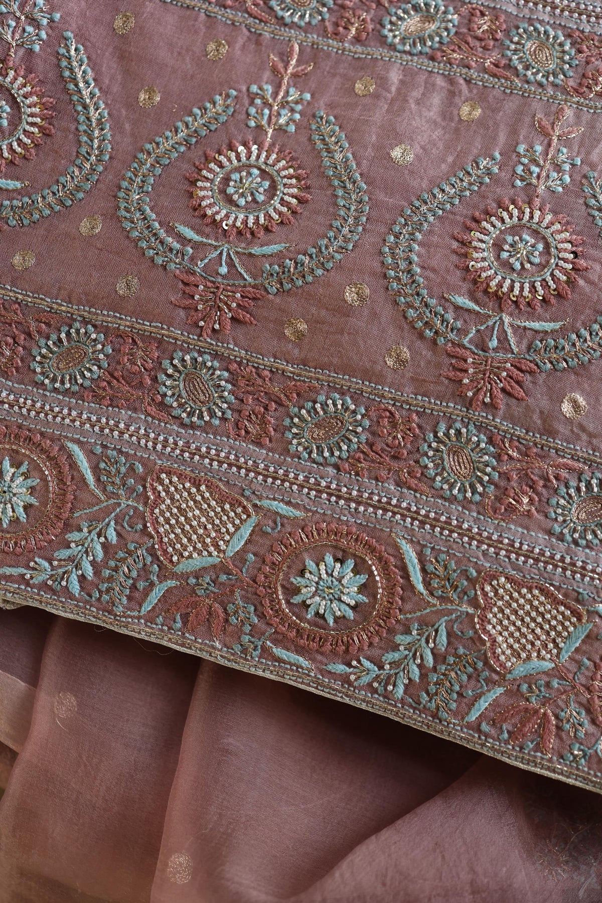 Copper Rose Shade Noor Banarasi Organza Chikankari Unstitched Fabric