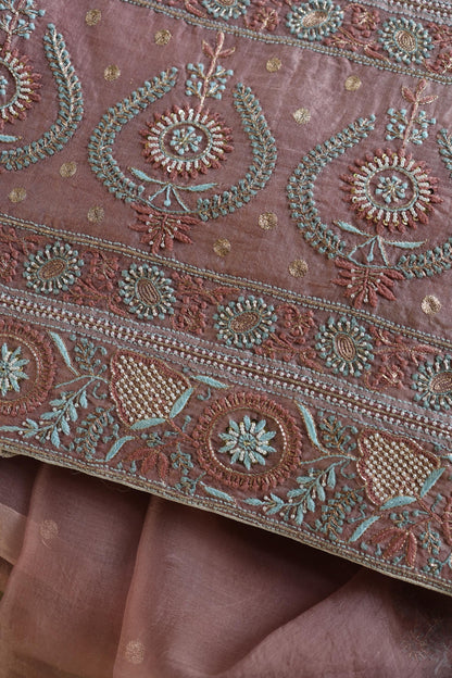 Copper Rose Shade Noor Banarasi Organza Chikankari Unstitched Fabric
