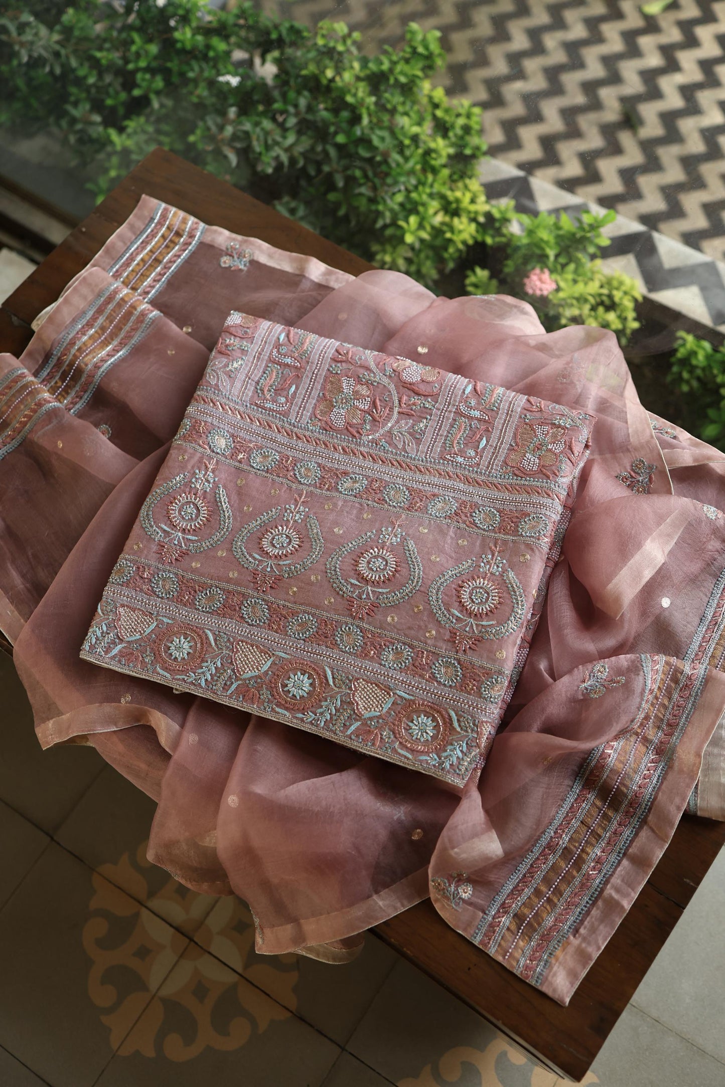 Copper Rose Shade Noor Banarasi Organza Chikankari Unstitched Fabric