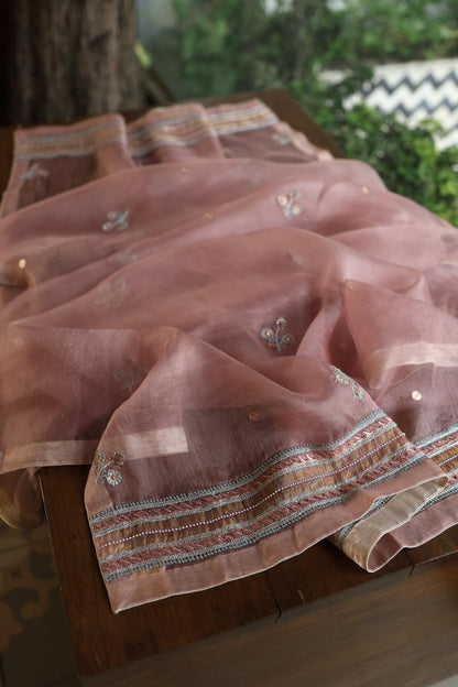 Copper Rose Shade Noor Banarasi Organza Chikankari Unstitched Fabric