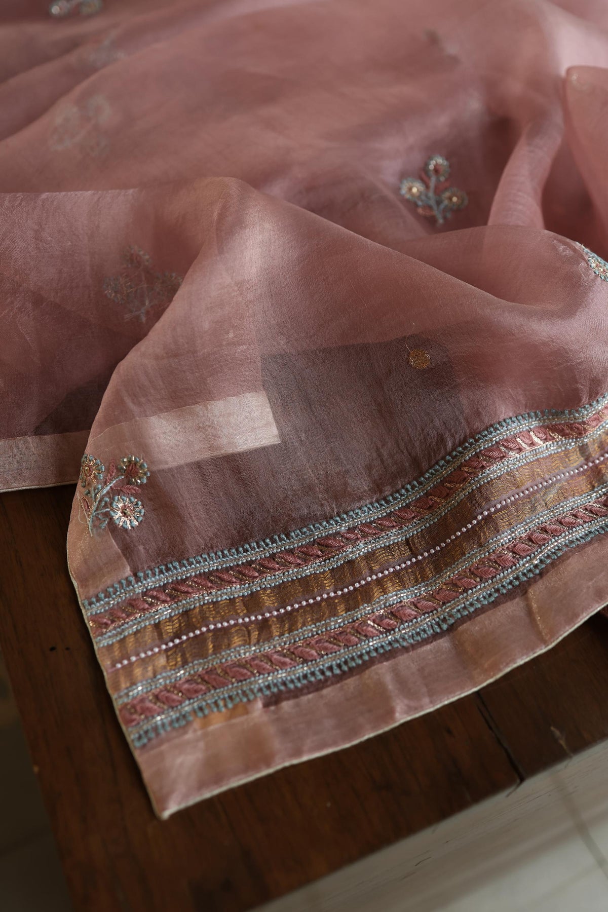Copper Rose Shade Noor Banarasi Organza Chikankari Unstitched Fabric