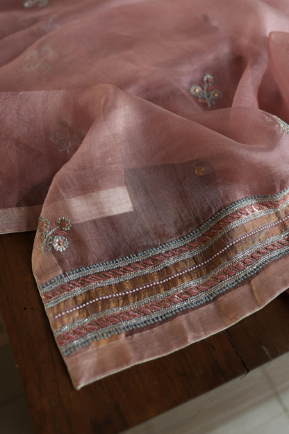 Copper Rose Shade Noor Banarasi Organza Chikankari Unstitched Fabric