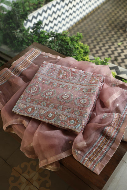 Copper Rose Shade Noor Banarasi Organza Chikankari Unstitched Fabric
