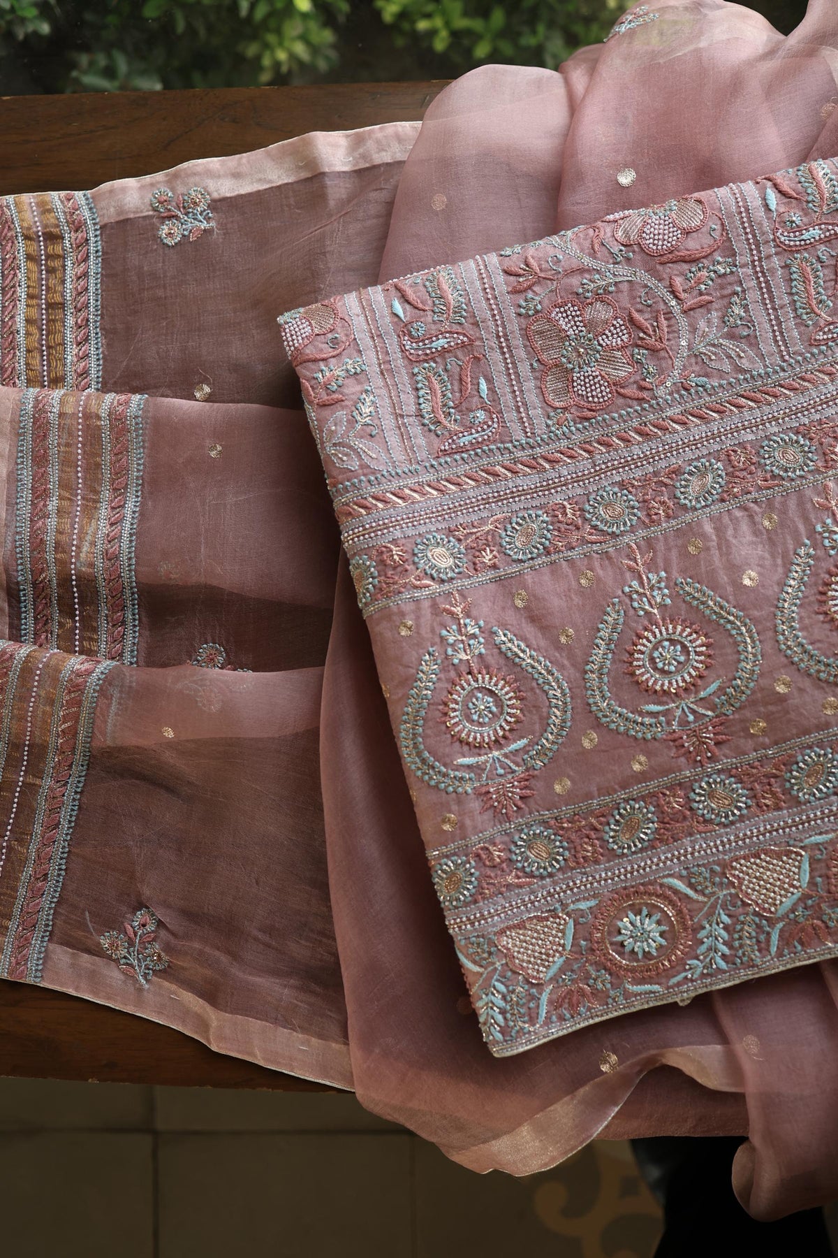 Copper Rose Shade Noor Banarasi Organza Chikankari Unstitched Fabric