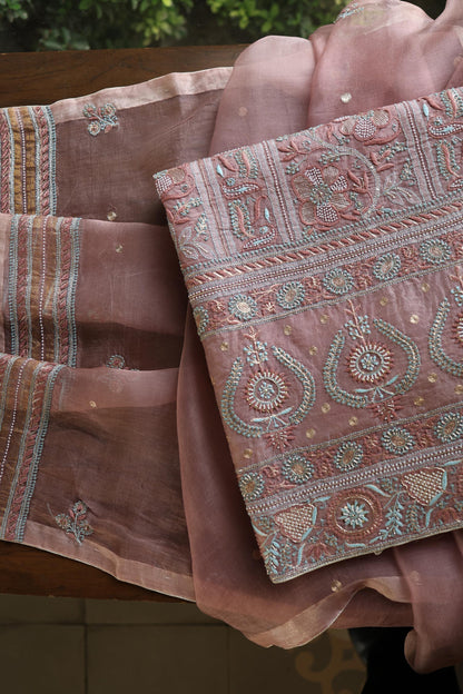 Copper Rose Shade Noor Banarasi Organza Chikankari Unstitched Fabric