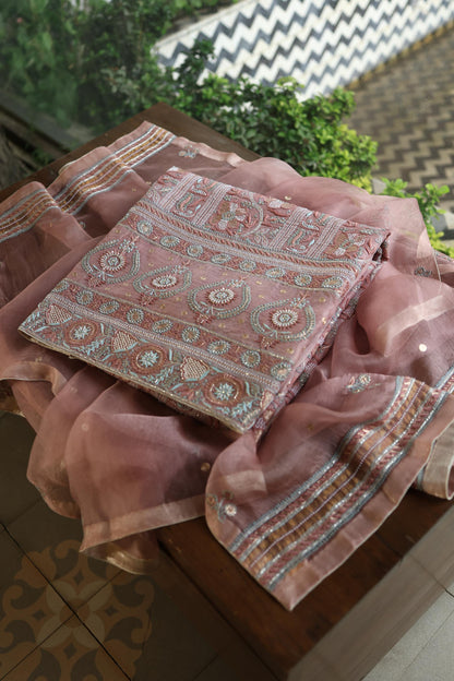 Copper Rose Shade Noor Banarasi Organza Chikankari Unstitched Fabric