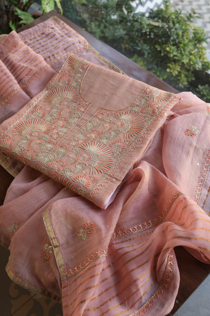 Copper Rose Shade Tissue Silk Chikankari Unstitched Fabric