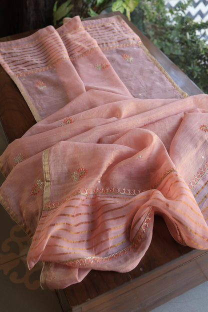 Copper Rose Shade Tissue Silk Chikankari Unstitched Fabric