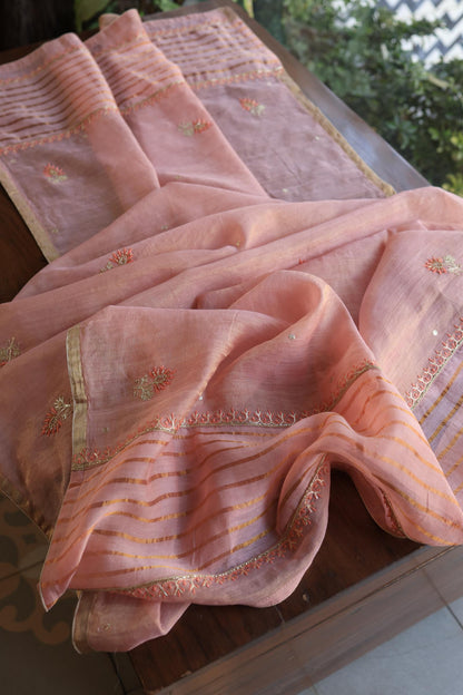 Copper Rose Shade Tissue Silk Chikankari Unstitched Fabric