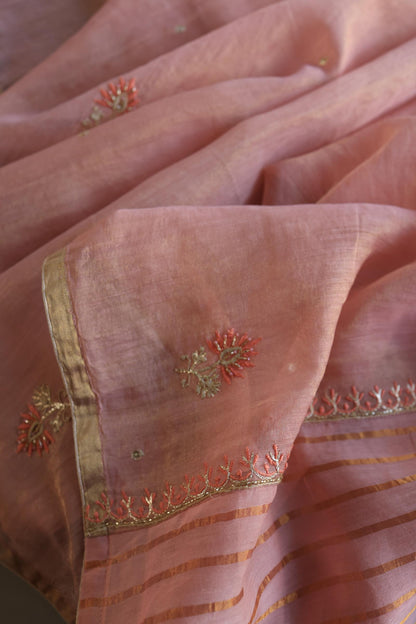 Copper Rose Shade Tissue Silk Chikankari Unstitched Fabric