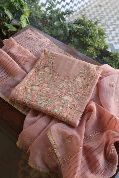 Copper Rose Shade Tissue Silk Chikankari Unstitched Fabric