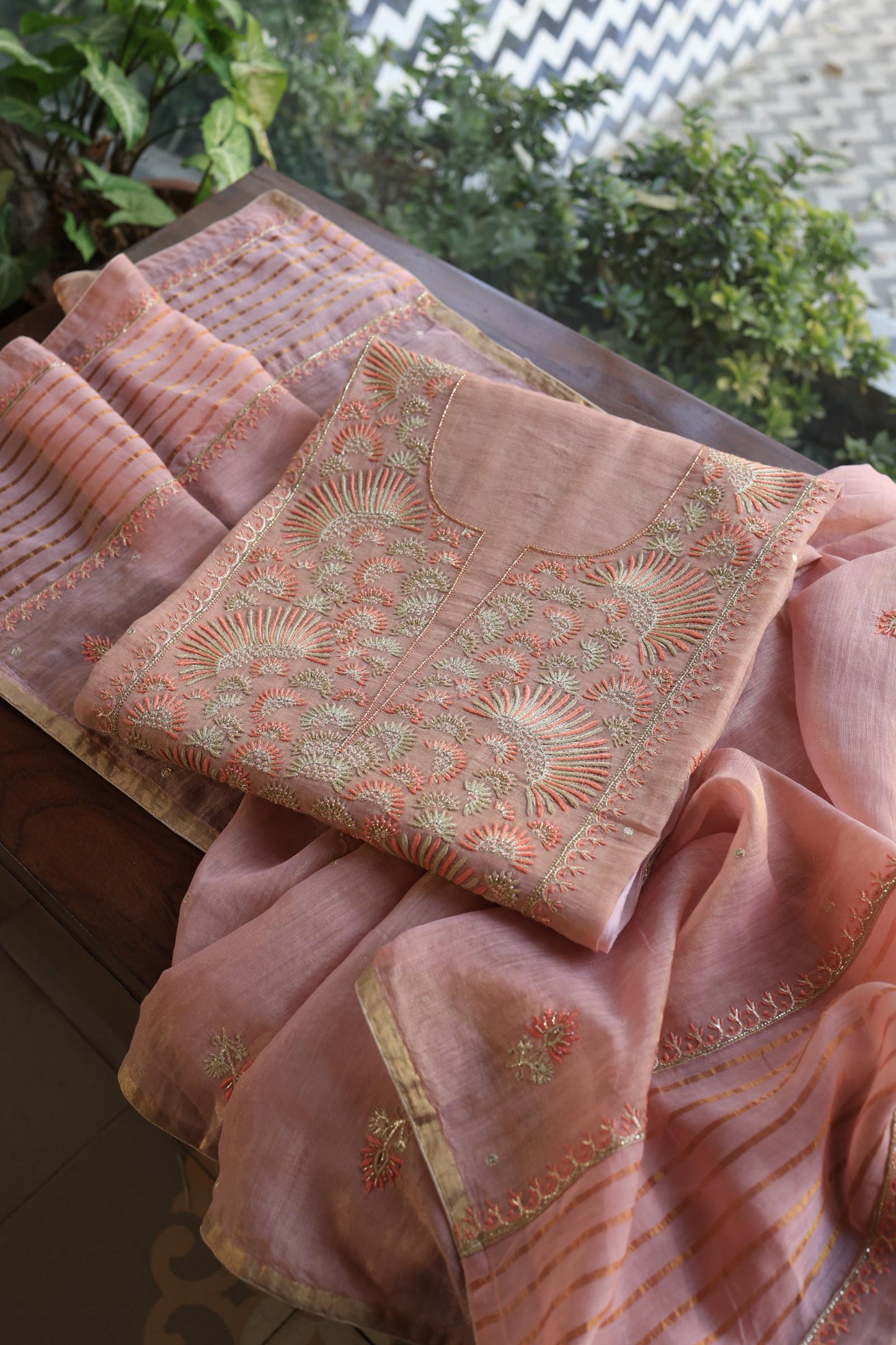 Copper Rose Shade Tissue Silk Chikankari Unstitched Fabric