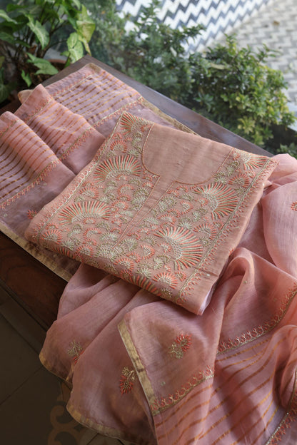 Copper Rose Shade Tissue Silk Chikankari Unstitched Fabric