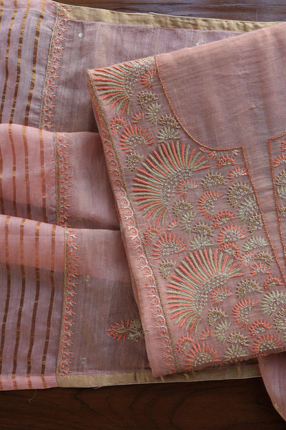 Copper Rose Shade Tissue Silk Chikankari Unstitched Fabric