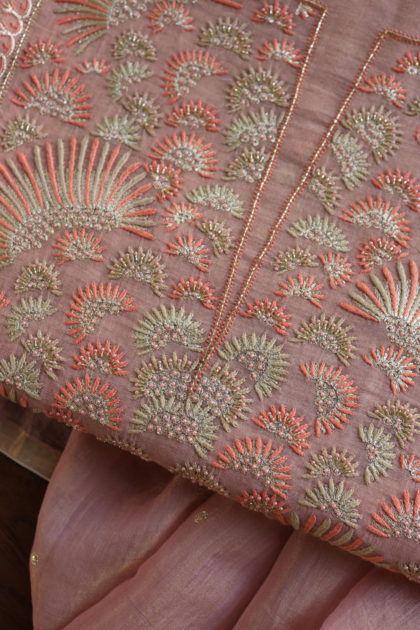 Copper Rose Shade Tissue Silk Chikankari Unstitched Fabric