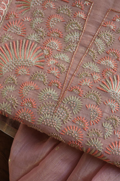 Copper Rose Shade Tissue Silk Chikankari Unstitched Fabric