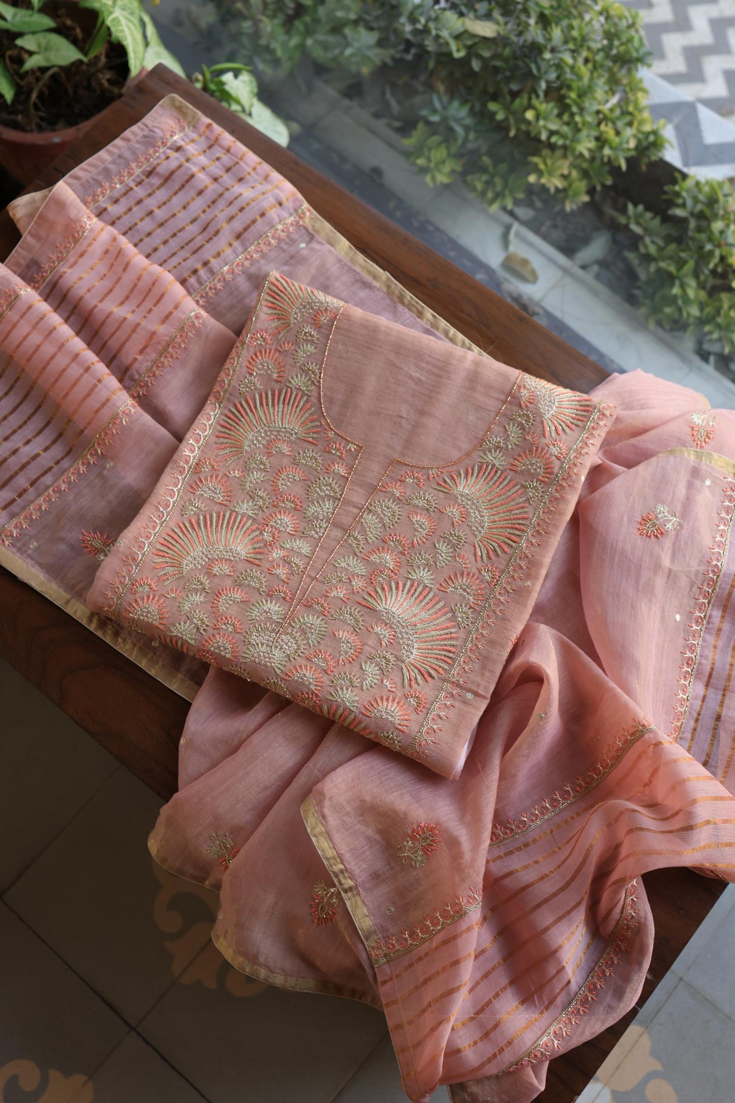 Copper Rose Shade Tissue Silk Chikankari Unstitched Fabric