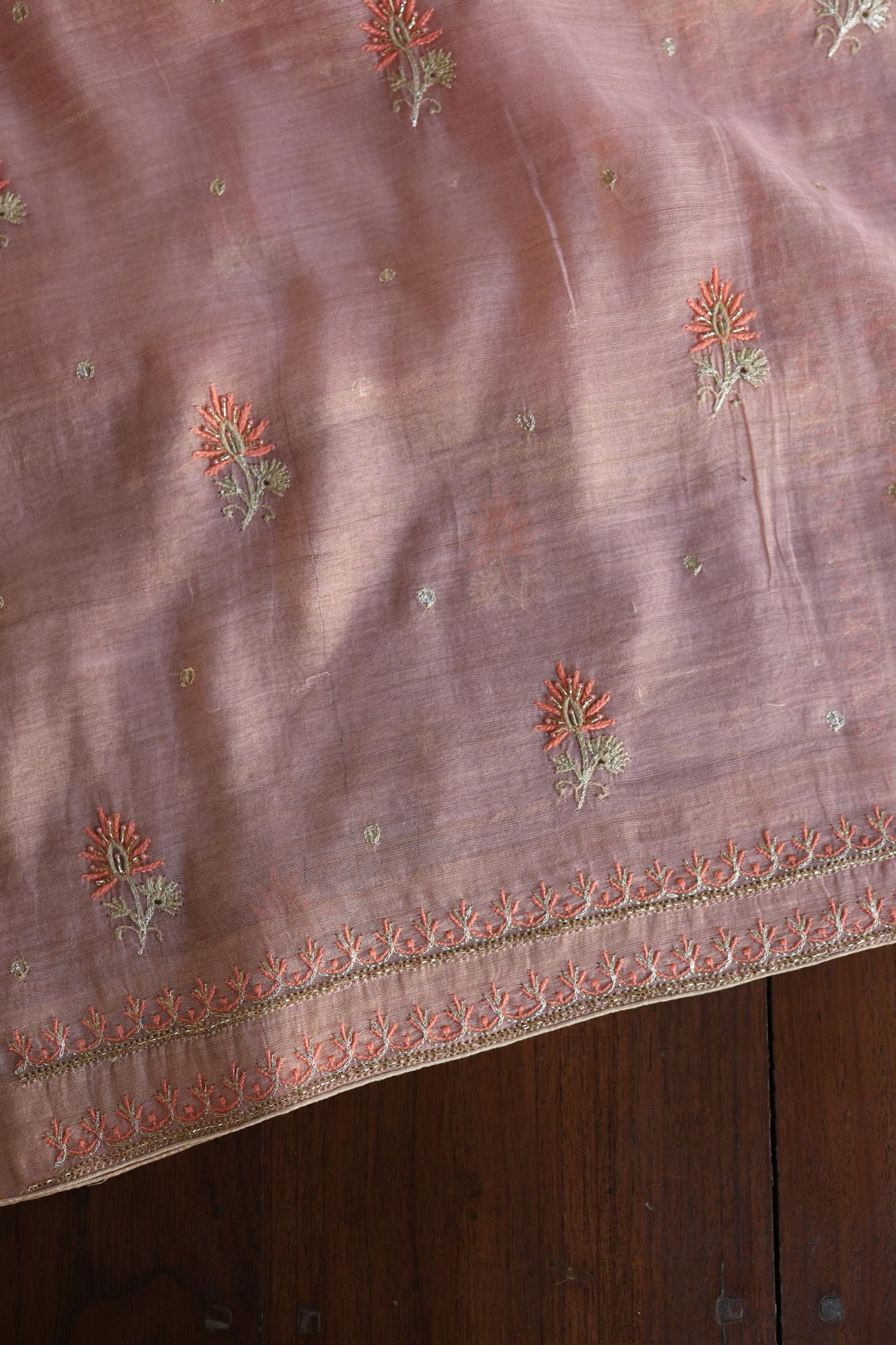 Copper Rose Shade Tissue Silk Chikankari Unstitched Fabric