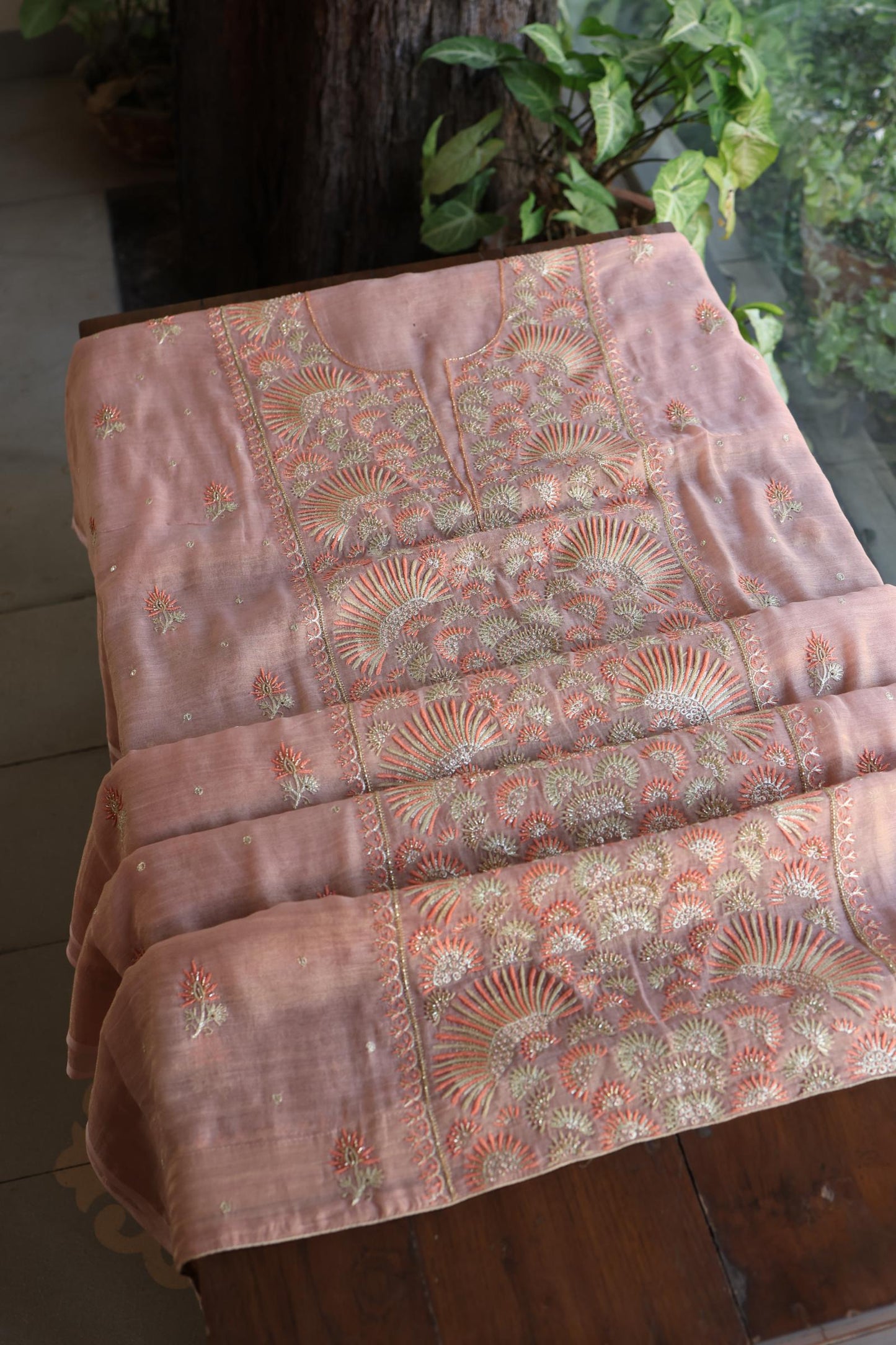 Copper Rose Shade Tissue Silk Chikankari Unstitched Fabric