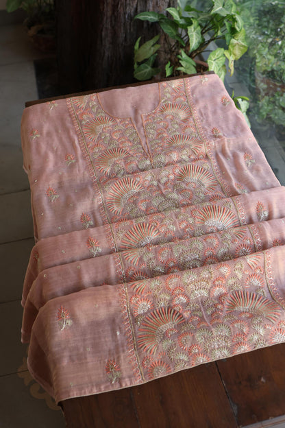 Copper Rose Shade Tissue Silk Chikankari Unstitched Fabric