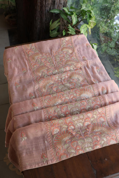 Copper Rose Shade Tissue Silk Chikankari Unstitched Fabric