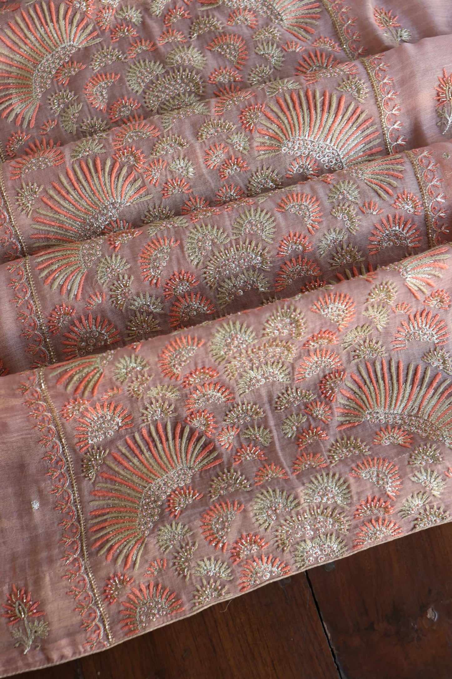 Copper Rose Shade Tissue Silk Chikankari Unstitched Fabric