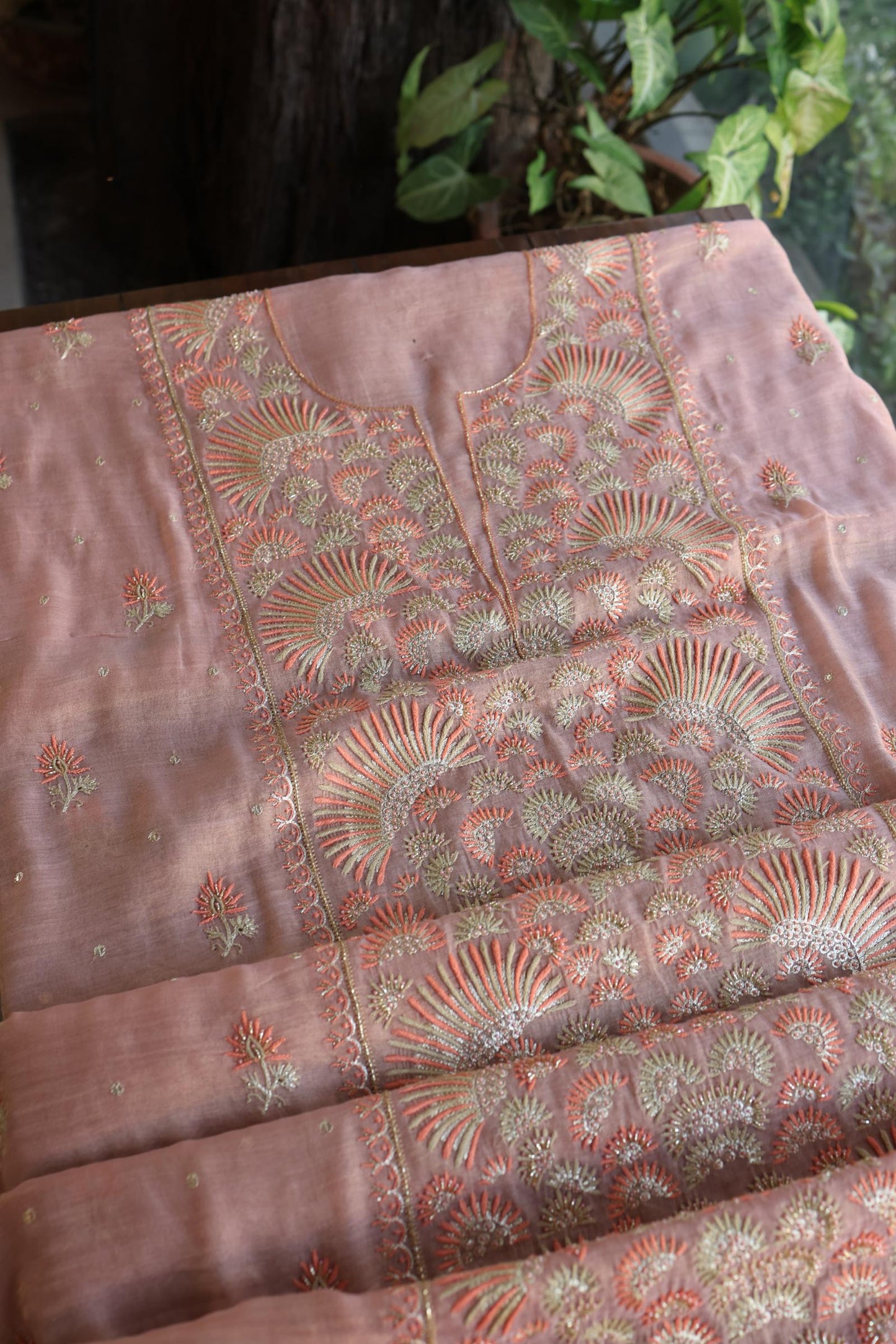 Copper Rose Shade Tissue Silk Chikankari Unstitched Fabric