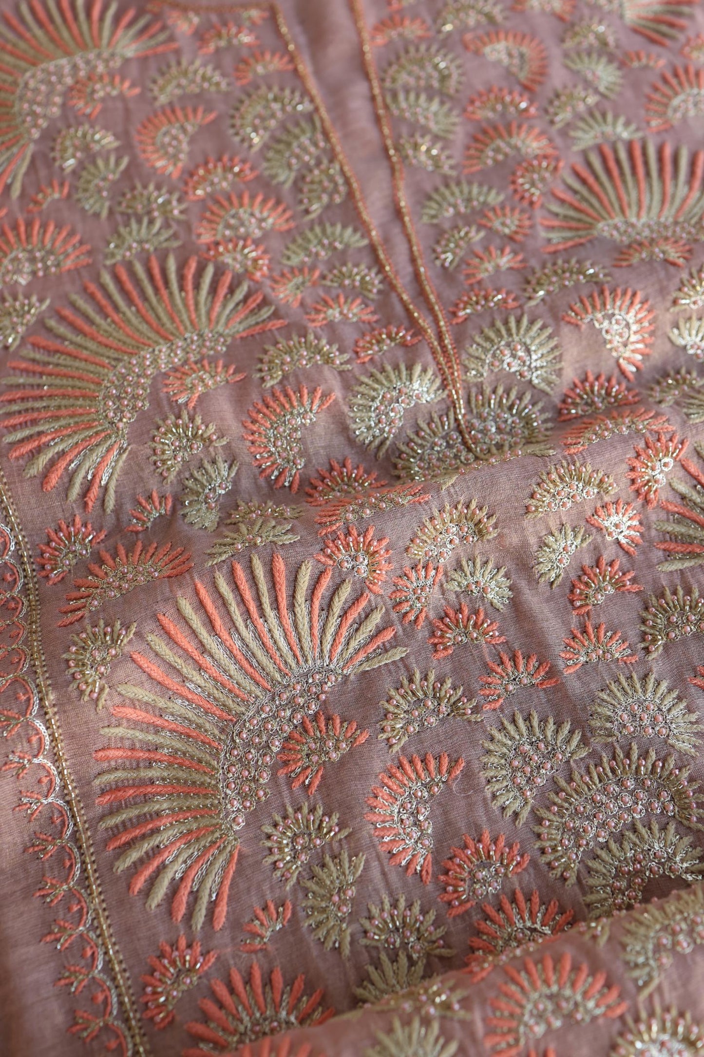 Copper Rose Shade Tissue Silk Chikankari Unstitched Fabric