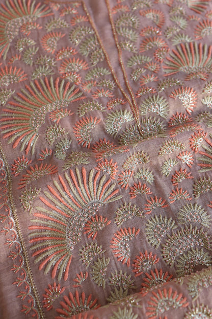 Copper Rose Shade Tissue Silk Chikankari Unstitched Fabric