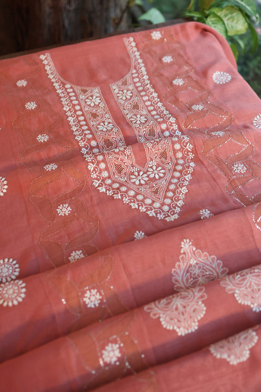 Copper Rust Daraz Chanderi Chikankari Kurta Fabric