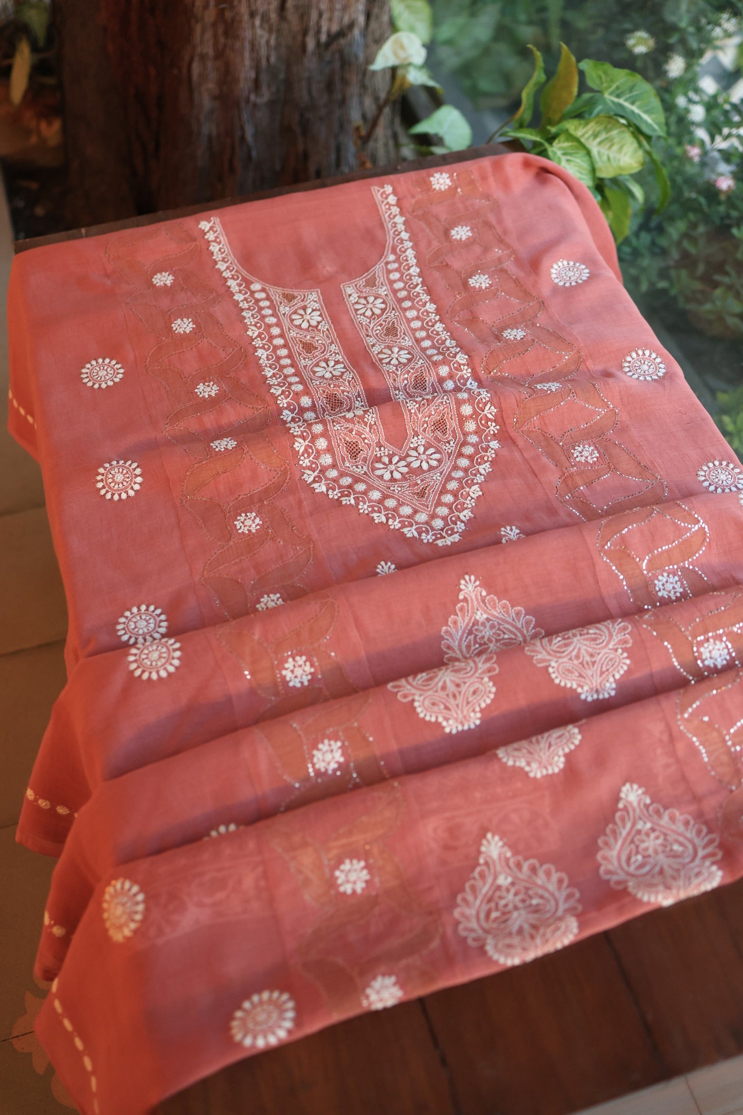 Copper Rust Daraz Chanderi Chikankari Kurta Fabric
