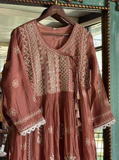 Copper Rust Shade Malmal Mukaish Kamdani Chikankari Kalidar Angarkha