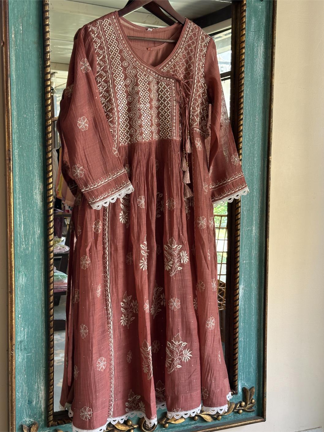 Copper Rust Shade Malmal Mukaish Kamdani Chikankari Kalidar Angarkha