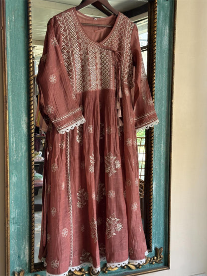 Copper Rust Shade Malmal Mukaish Kamdani Chikankari Kalidar Angarkha