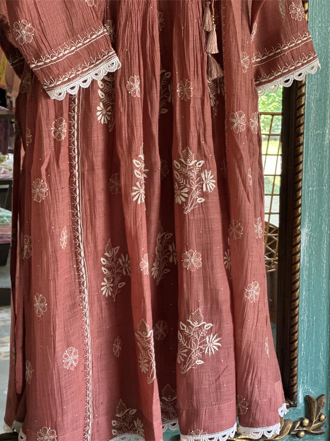 Copper Rust Shade Malmal Mukaish Kamdani Chikankari Kalidar Angarkha
