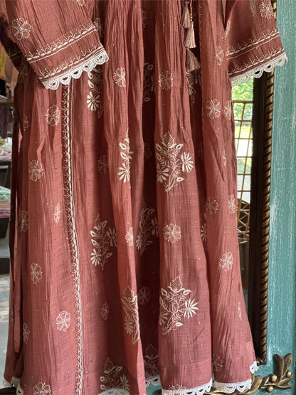 Copper Rust Shade Malmal Mukaish Kamdani Chikankari Kalidar Angarkha